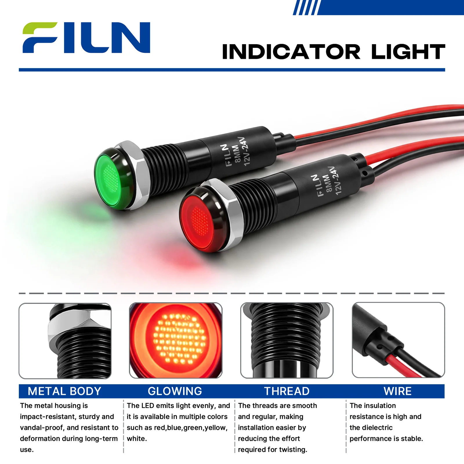 FILN 5 Stück 8mm Metall-LED-Anzeigelampe IP67 Wasserdicht 12V 24V 110V 220V Armaturenbrett-Signallampen-Set für Auto, Boot, Maschine – Detail 5