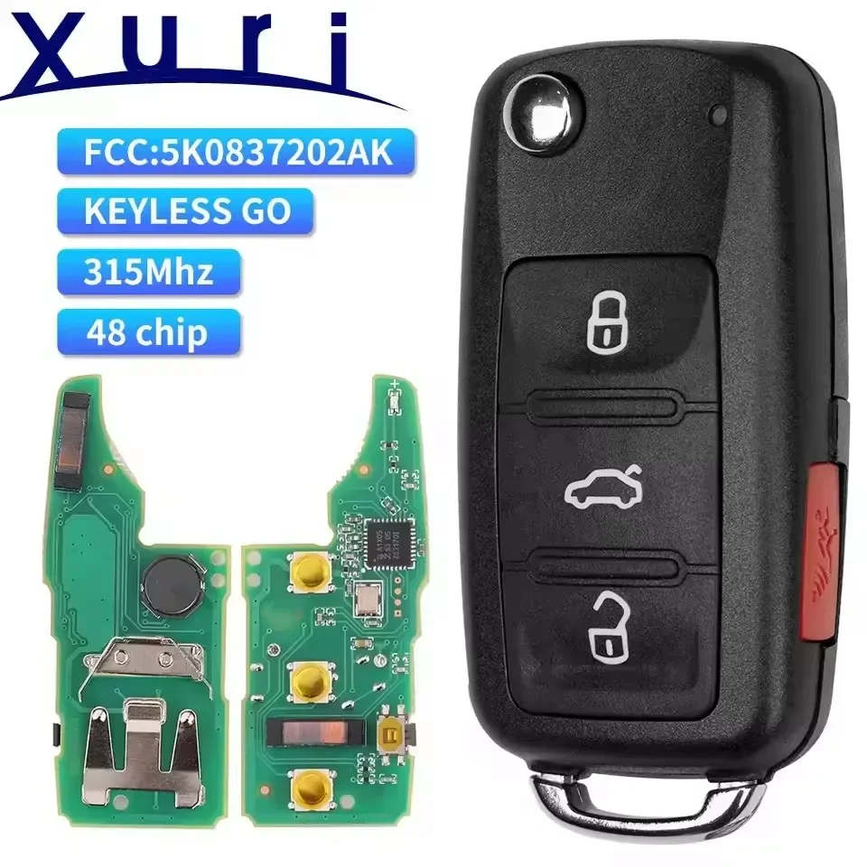 Xuri 315MHz Keyless Go NBG010206T 4Buttons For VW Tiguan Beetle EOS Golf Jetta Passat 2011-17 5K0837202AK ID48 Chip Remote Key