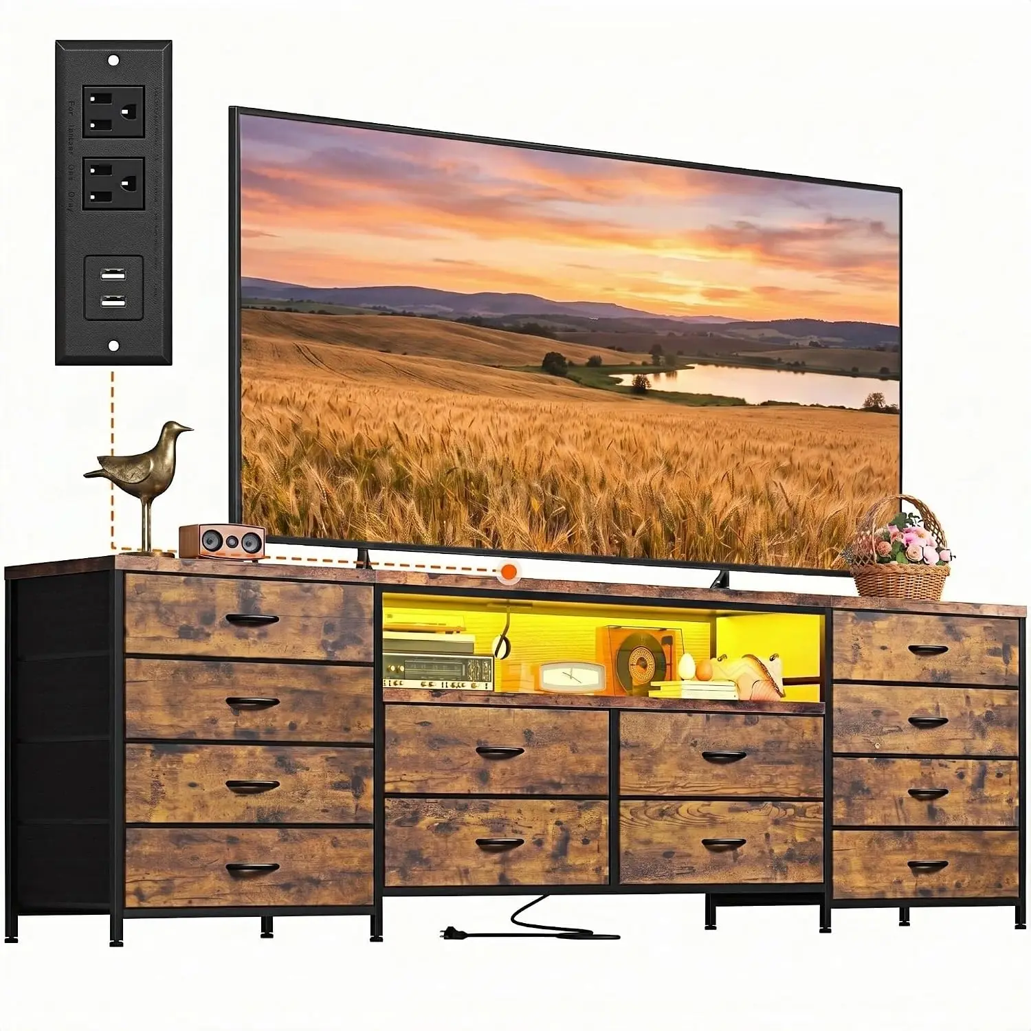 12 Drawer Dresser TV Stand with LED Lights & Power Outlets, Fabric Storage with Wood Shelves for Bedroom Living Room, Brown, Cus