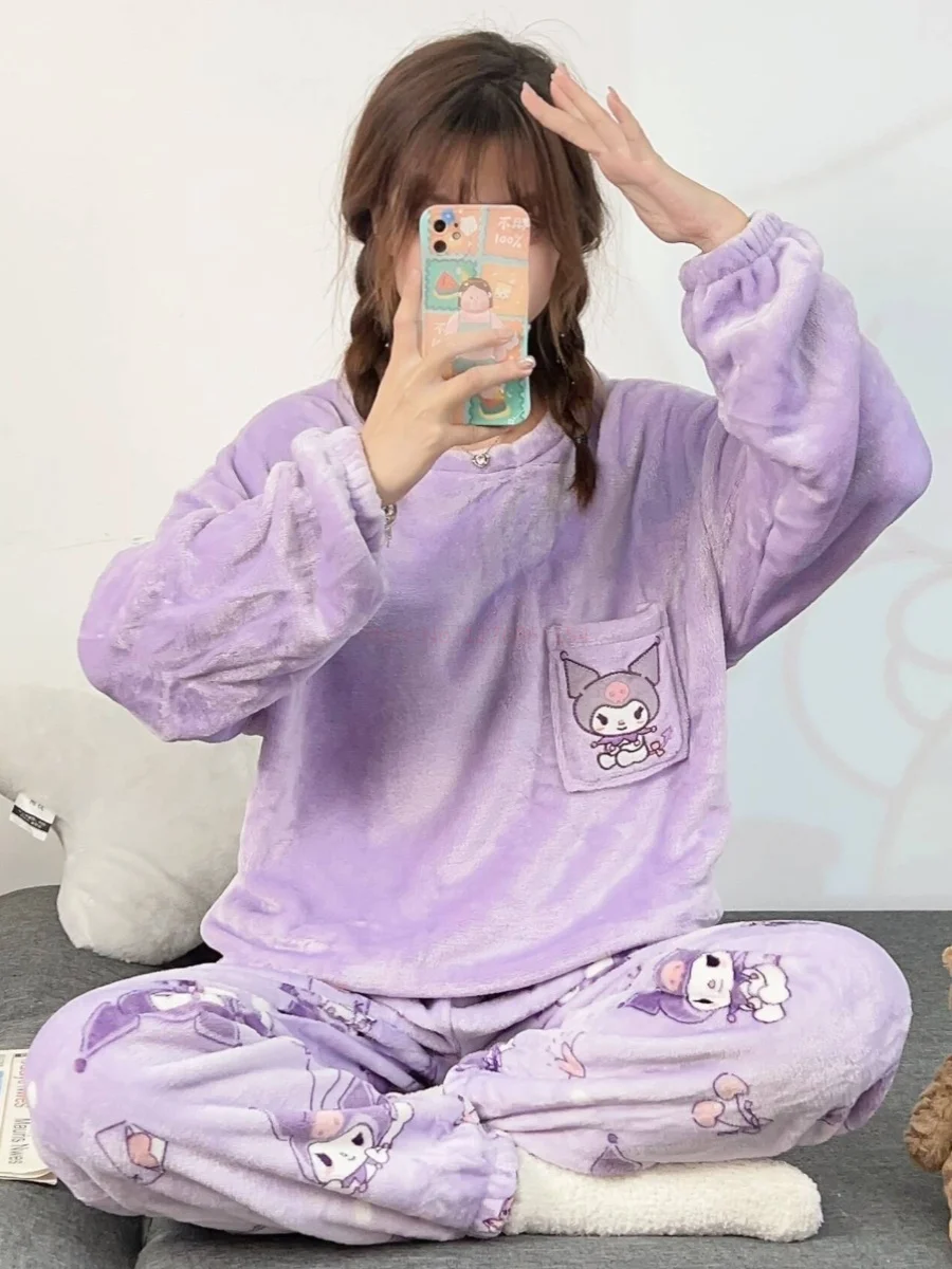 New Hello Kitty Coral Fleece Pajama Pants Sanrio Anime Cartoon  Soft Trousers Women Casual Home Trousers Kawaii New Year Gifts