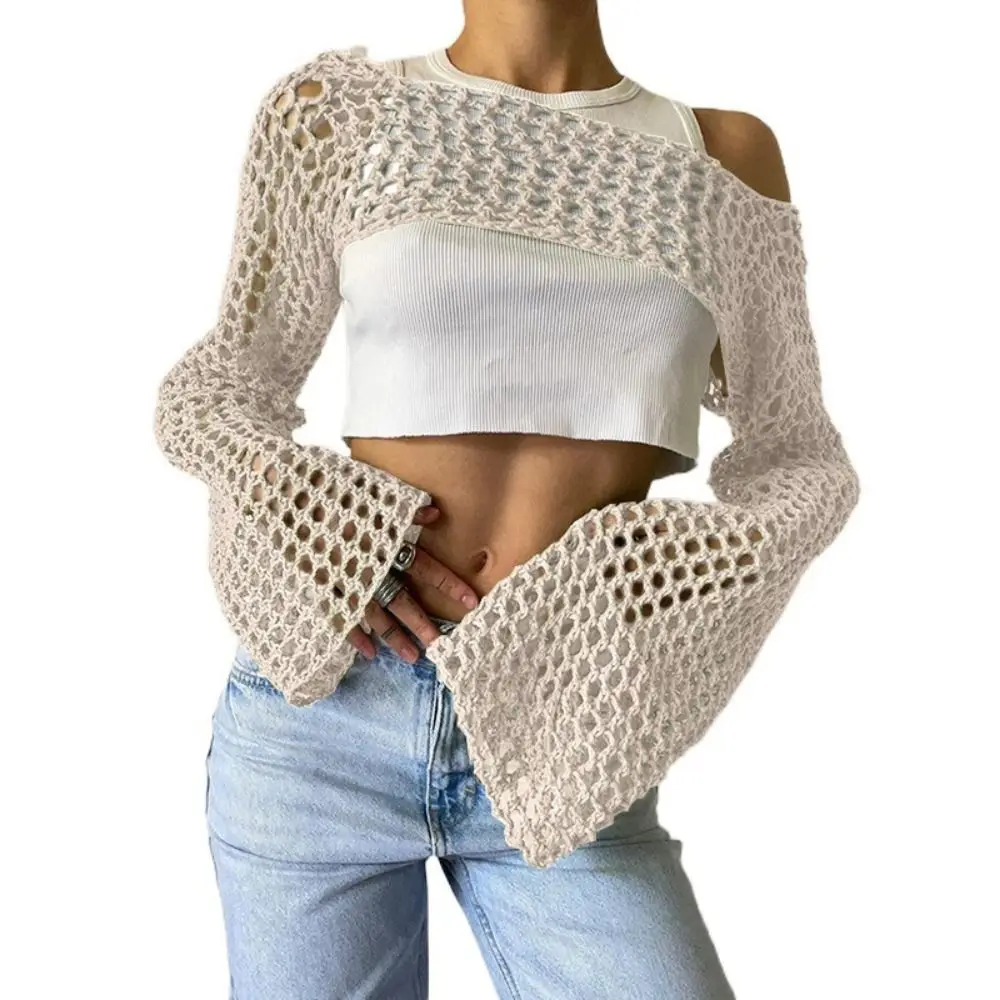 

Y2K Sleeve Shrug Sweater Acrylic Fibers Soft Women Crochet Crop Top Knitted Cover Up Shirt Long Sleeve Pullover