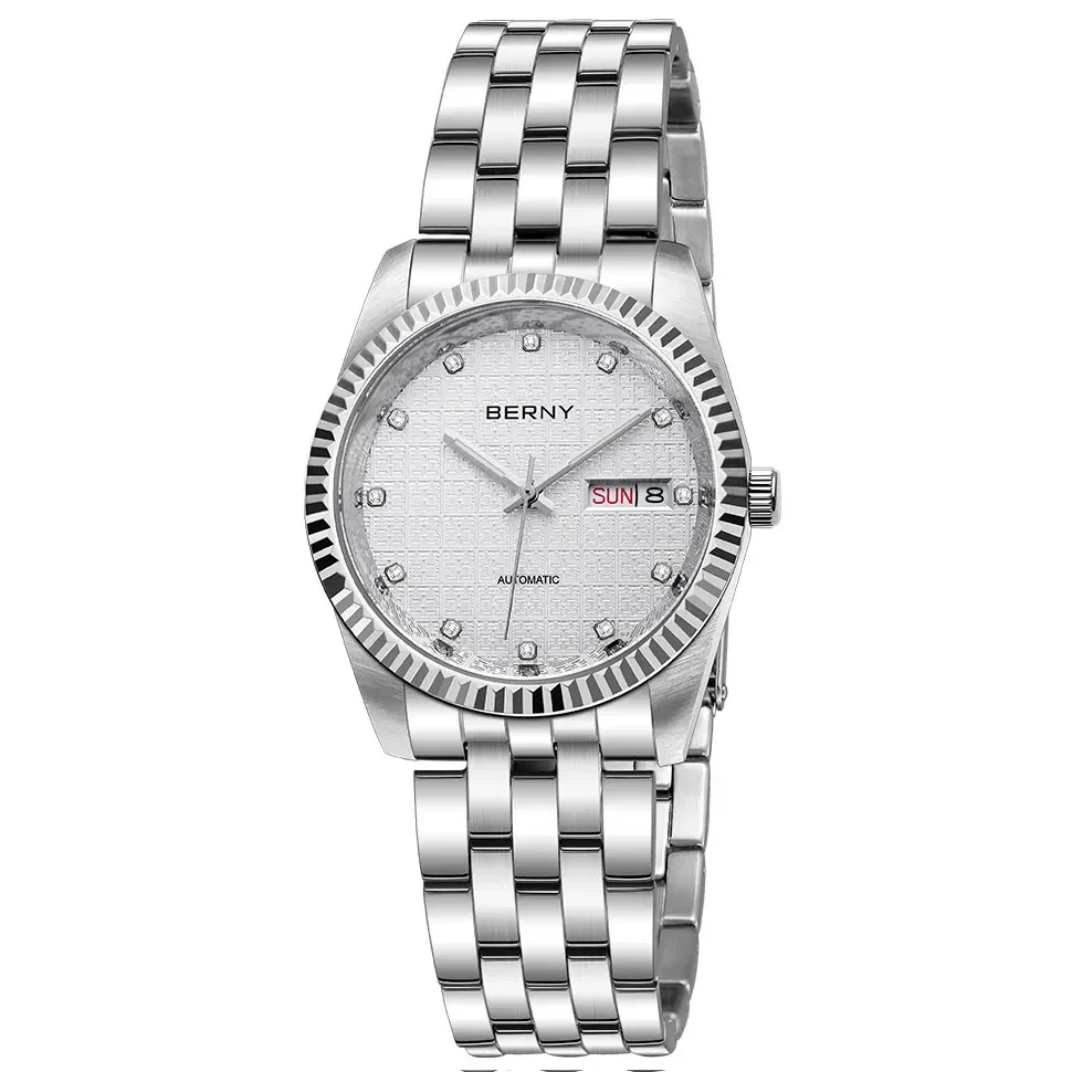 BERNY Mechanische Uhr für Damen, automatische Damenuhr, kleine Uhren, chinesischer Stil, Glück, Hochzeit, Saphir, komplett aus Edelstahl