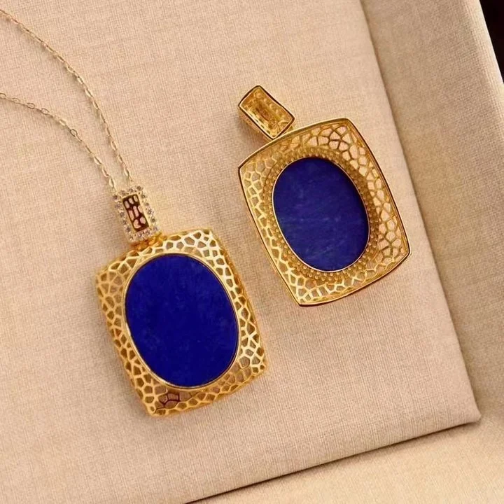 

Certificated 925 Silver Natural Lapis Pendant 36*22mm Unisex Oval Blue Lazuli Gold Square Necklace For Women Men Fine Jewellry