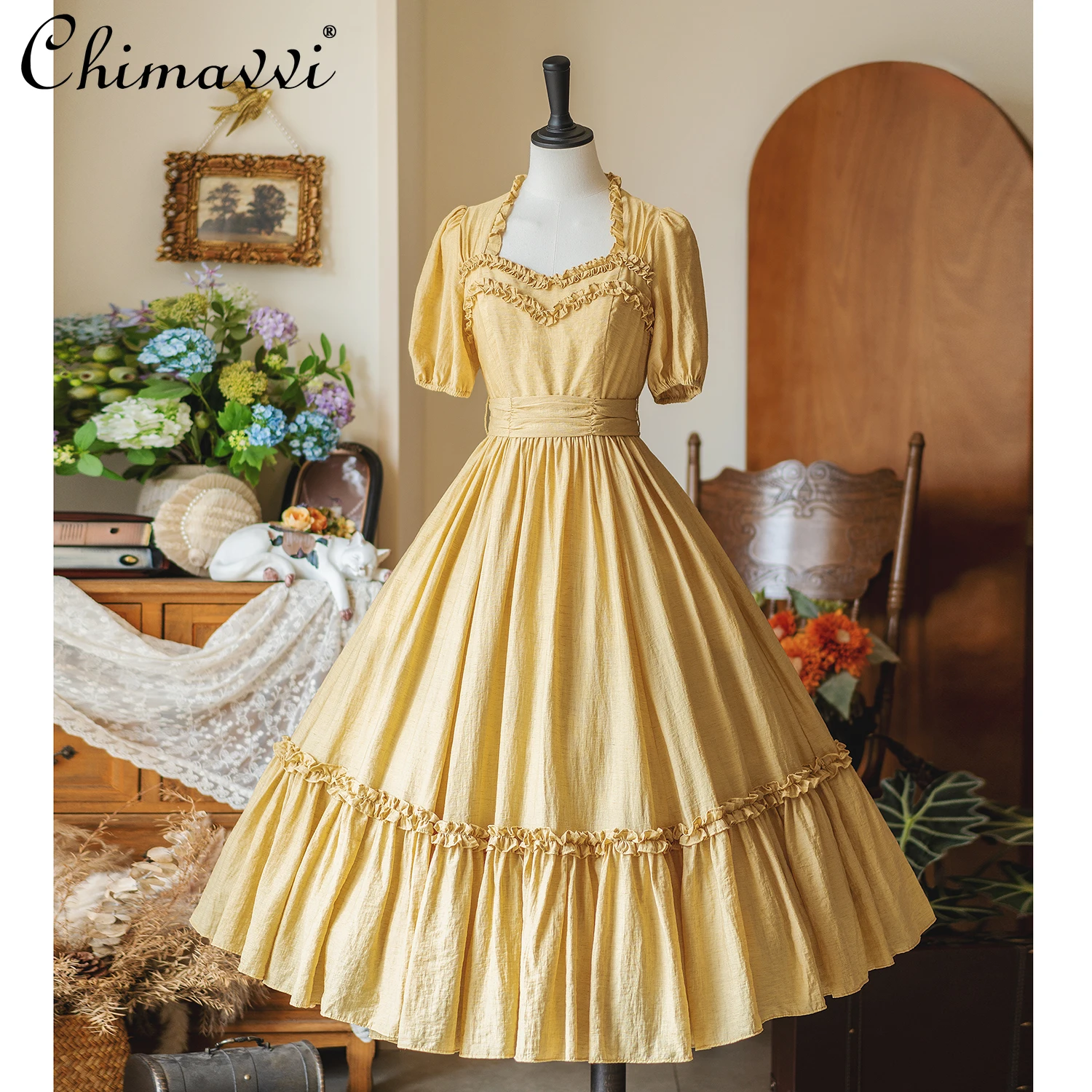

Original French Retro Square Neck Lotus Leaf Dress Spring Summer New Classic Bubble Sleeves High Waist Elegant Long Dresses