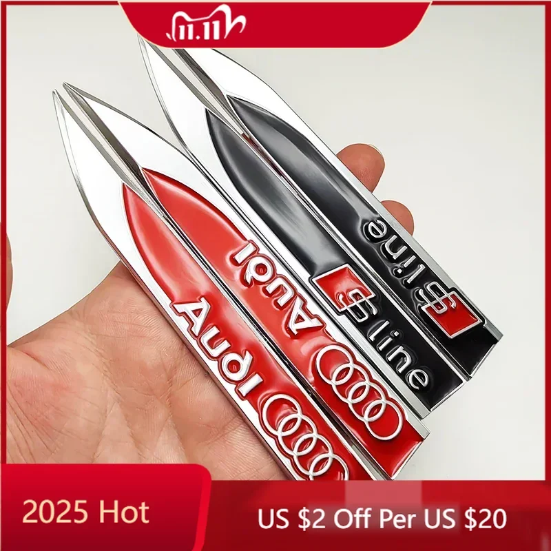 

2025 Hot For Audi Sline Q2 Q3 Q5 Q7 A1 A3 A4 A5 A7 SQ5 RS5 TT Accessories 2pcs Metal S LINE Logo Car Fender Sticker Side Leaf Bo