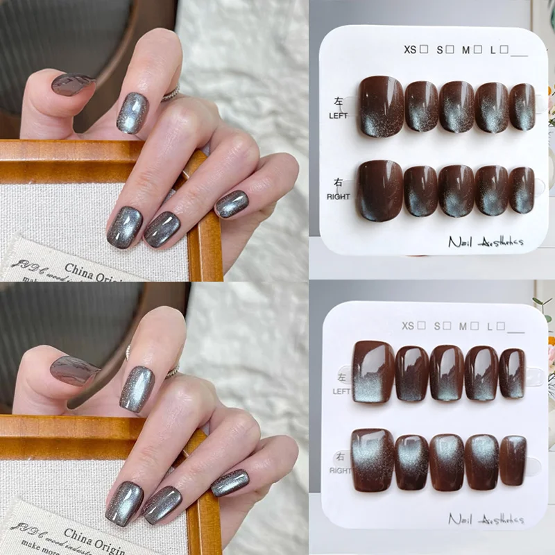 

10 шт. для женщин Ins Trend однотонный графитовый серый блестящий дизайн «кошачий глаз» Высококачественная носимая нашивка для дизайна ногтей Press On Nails