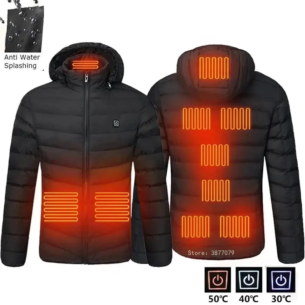 19pcs NWE Men Winter Warm USB Heating Jackets Smart termostato colore puro abbigliamento riscaldato con cappuccio giacche calde impermeabili