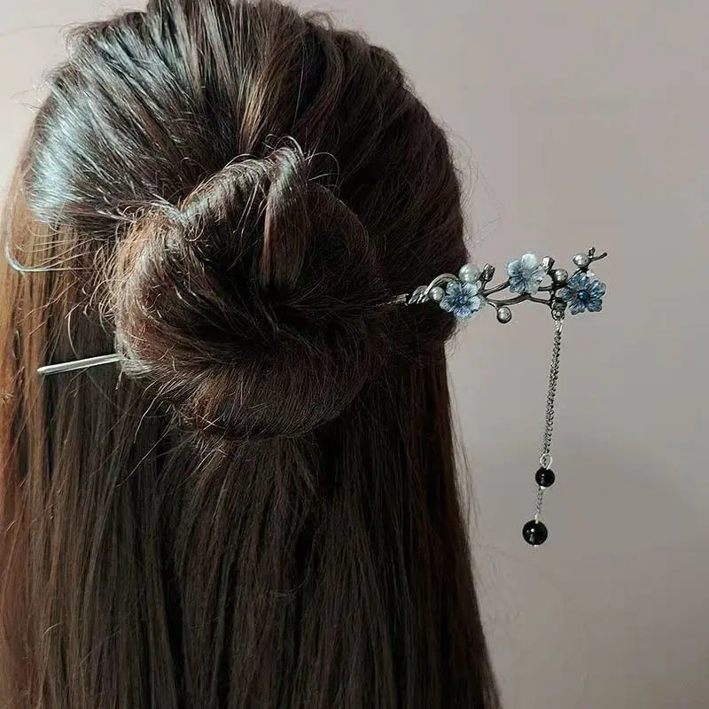 Classic Hair Stick Chopsticks Ink Color Flower Metal Fringe Hairpin For Women Pearl Black Beads Cheongsam Hair Bun Jewelry Gifts