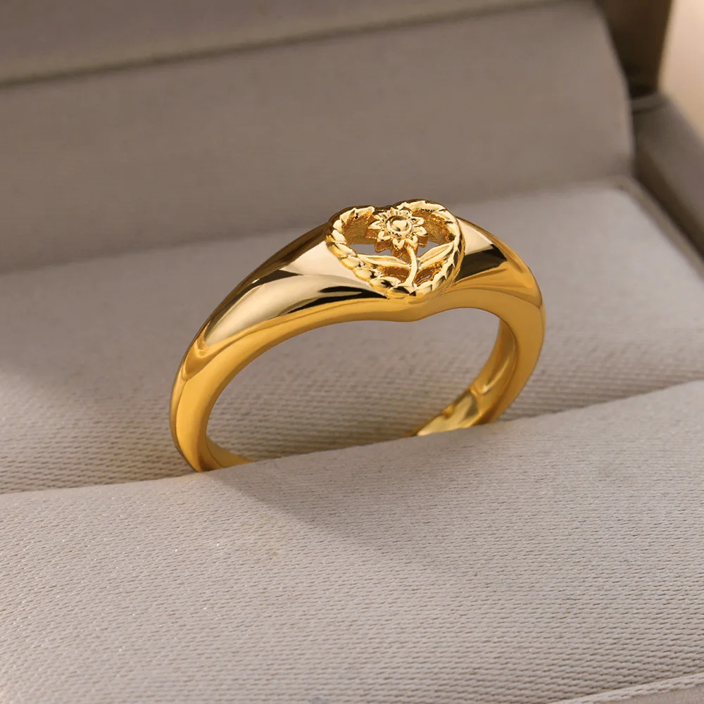 Heart Sunflower Rings For Women Stainless Steel Gold Color Ring Female Engagement Wedding Party Finger Jewelry Gift 2024 Trend