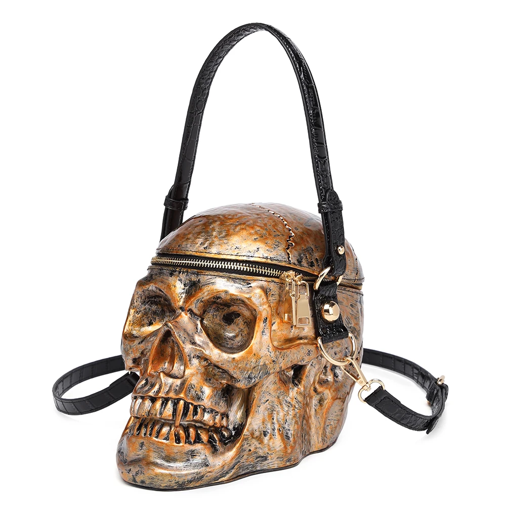 

3D Skull Handbag for Women Fashion Designer Satchel Bag Steampunk Motor Bag Funny Skeleton Head Black Crossbody Single Package