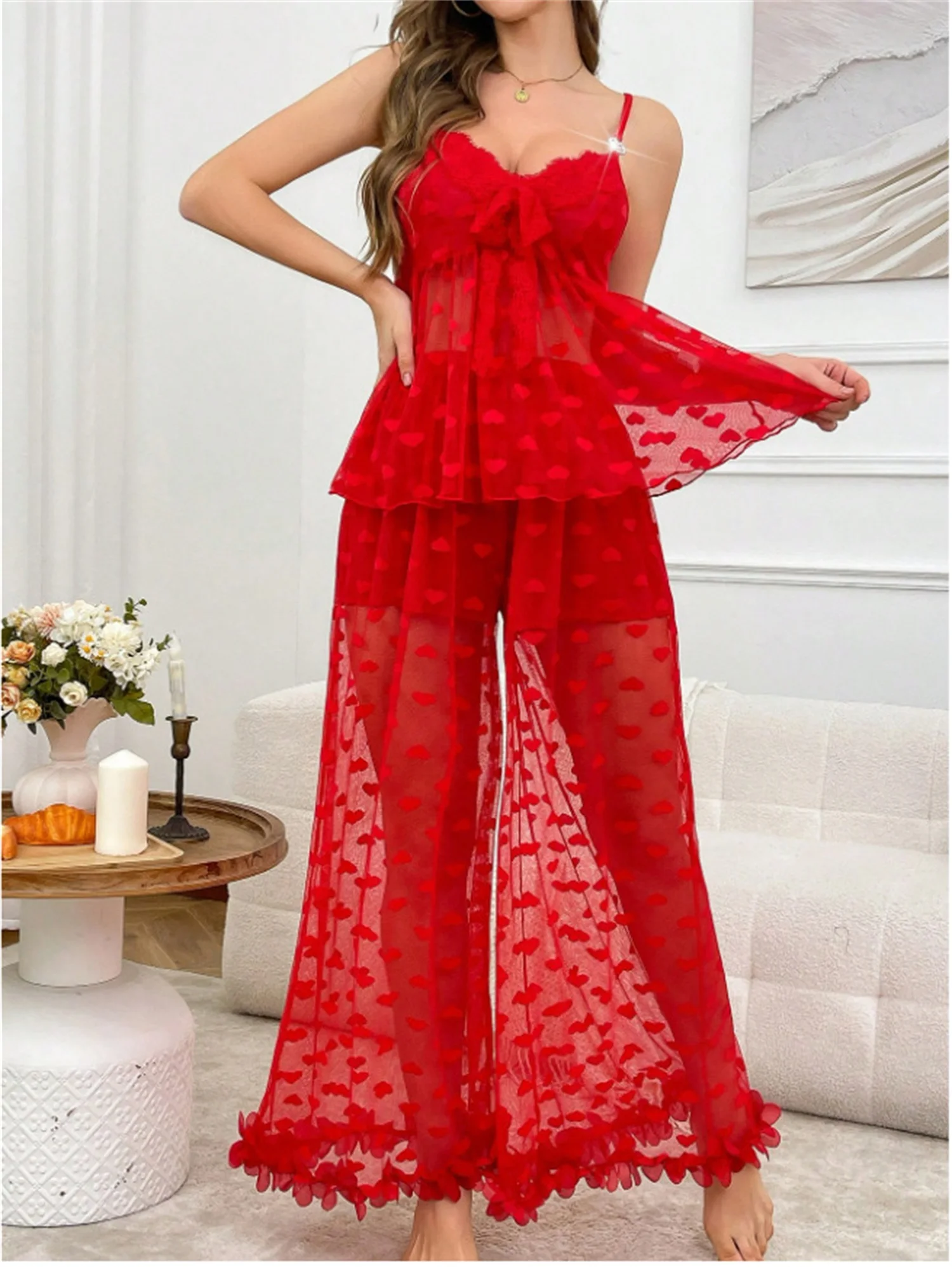 

EINY Women Pajamas Strap Lace Top Transparent Pants Sexy Lingerie Women Mesh Pants Camisole Halter Tops Women's Night Underwear