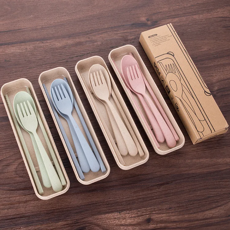 Portable Outdoor Wheat Straw Spoon Fork Chopsticks Set Children Student Dinnerware Set Storage Box Three Piece Meal Kit