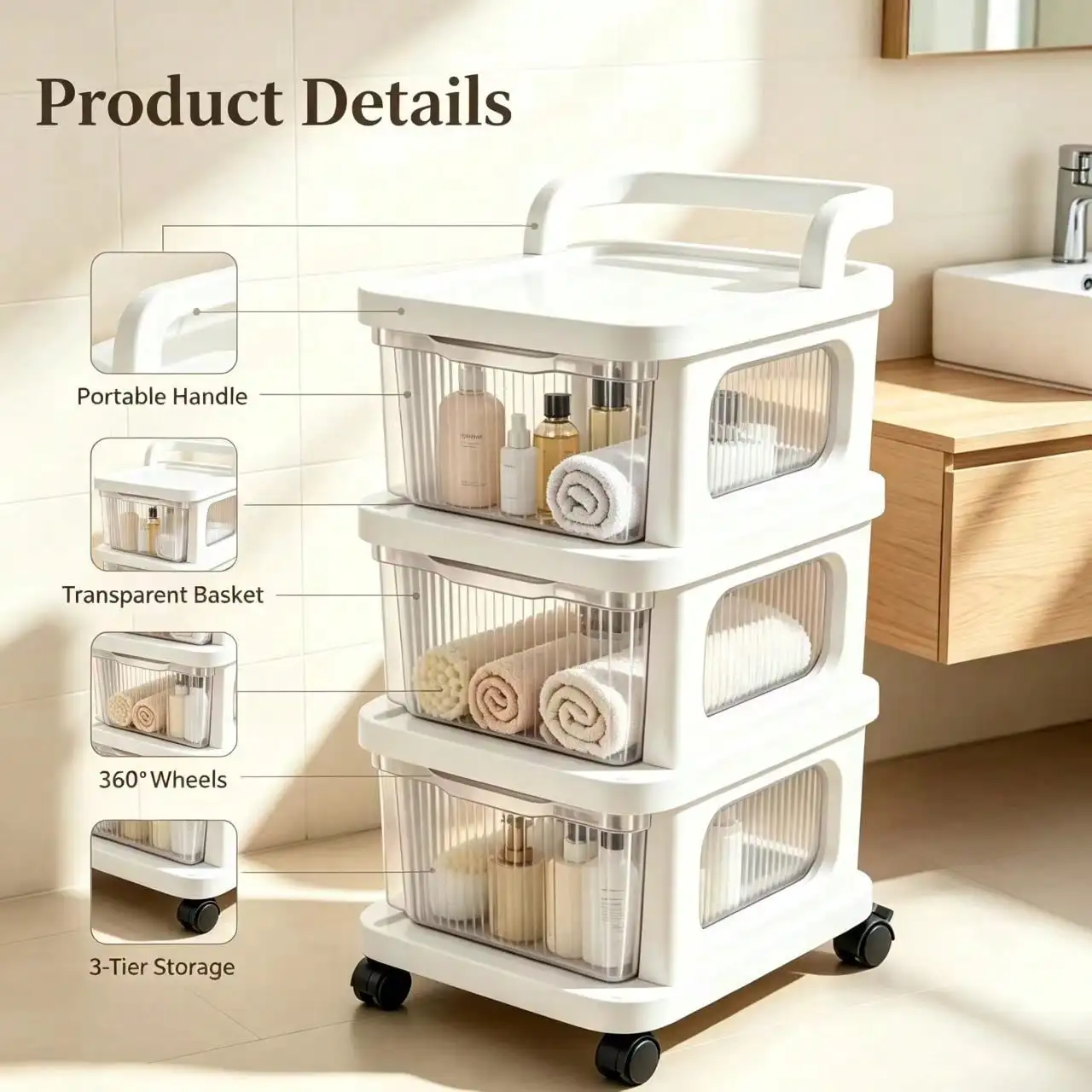 3-Tier Rolling Plastic Drawer Storage Cart With Handle & Lockable Wheels, Vertical Mobile Storage Cabinet, Free Decorative Stickers As Gift, Multi-Scene Utility Organizer Trolley For Bedroom, Bathroom, Kitchen, Office And Entryway