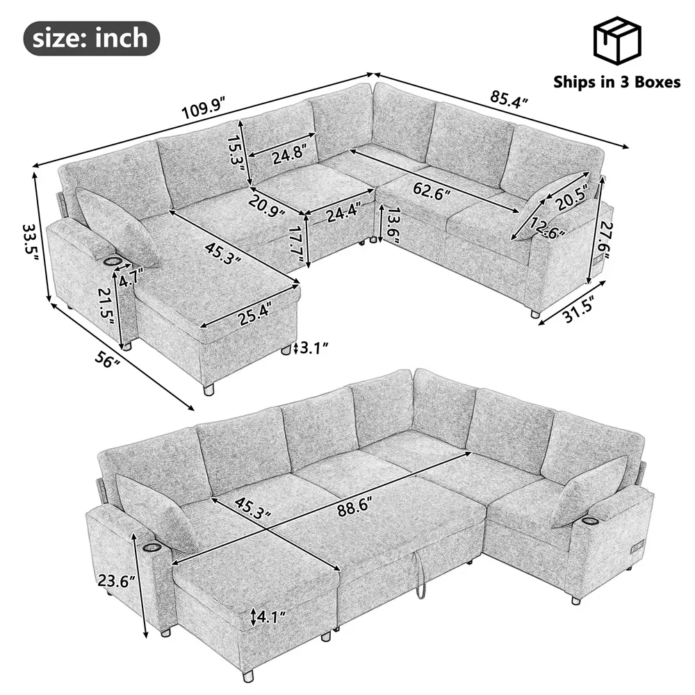 Multifunctional pull-out sofa bed with charging port Home storage 6