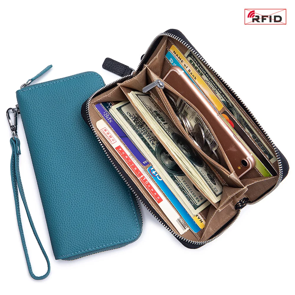 

RFID Genuine Leather Purse Women Long Ladies Card Holder Wallet Large Capacity Female Wallets Big Cowhide Phone Bag