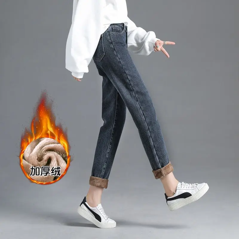 Winter Warm Fleece Jeans Women\'s High Waist Thick Harlan Straight Denim Pants Plus Size Loose Trousers Lady High Waisted Jeans