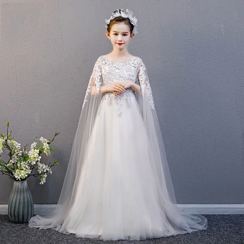 

Kids Girls Chinese Style Guzheng Performance Dress White Princess Gown with Long Train Solo Recital Pageant Formal Celebration