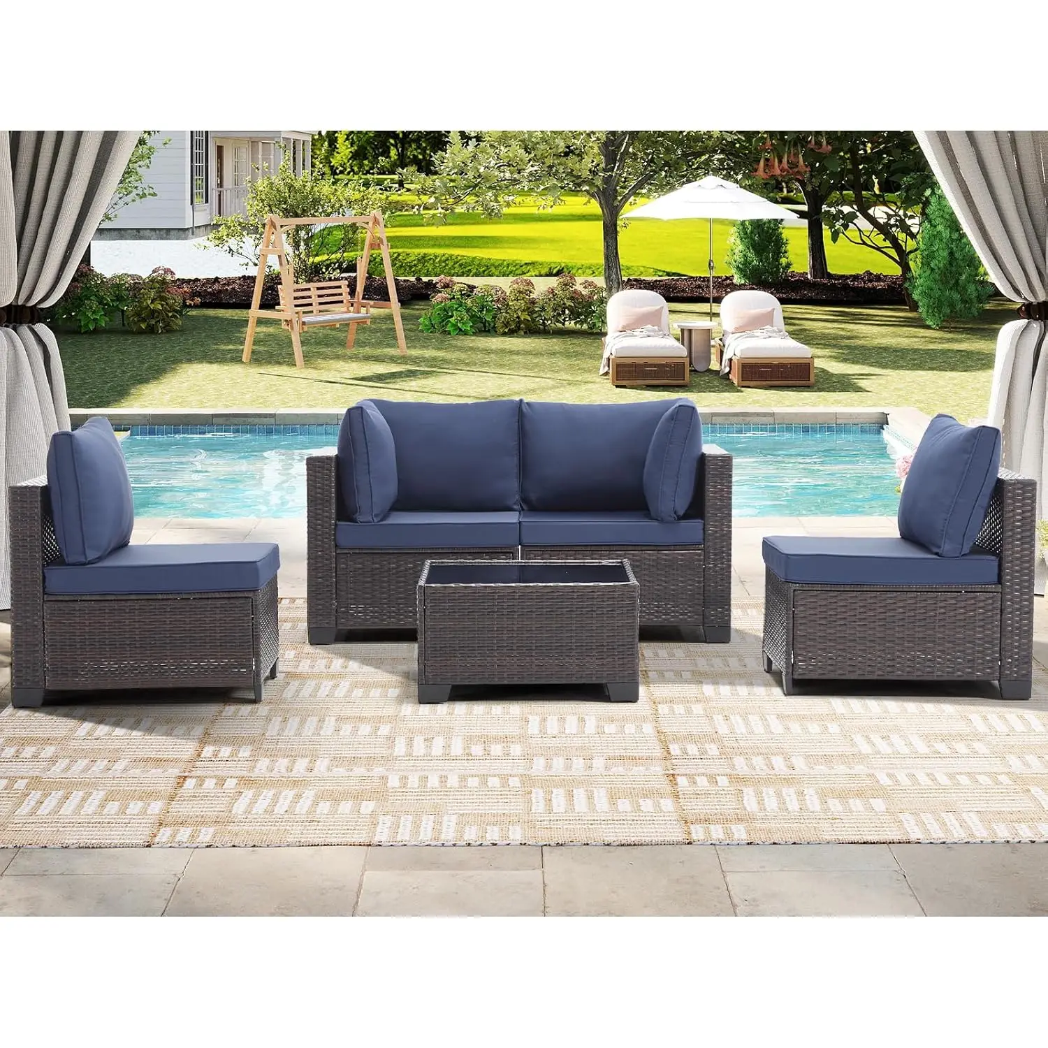 

5 Pieces Patio Furniture Sets, All Weather Outdoor Patio Conversation Set, Wicker Rattan Sectional Sofa Couch Glass, Customized