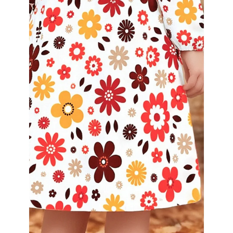 فستان بناتي عتيق بأكمام طويلة مزين بالزهور للخريف فستان بنمط عتيق مطبوع ملون للفتيات