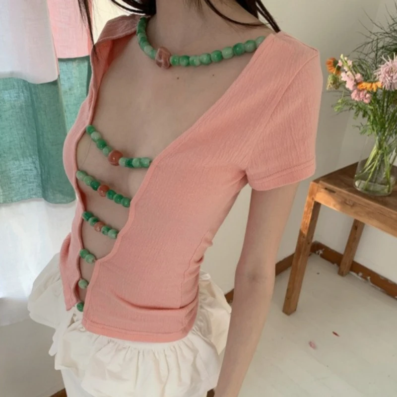 

Both Sides Wearing Vintage Woman's Tops with Green Beading Decor Sexy Pink Summer Cute T-Shirts V-Neck Night Out Fashion Tees