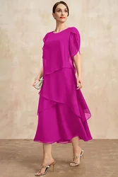 Vestido maxi de chiffon tamanho grande feminino, manga curta, decote em O, irregular, manga de pétala em camadas, monocromático, elegante, festa, moda verão