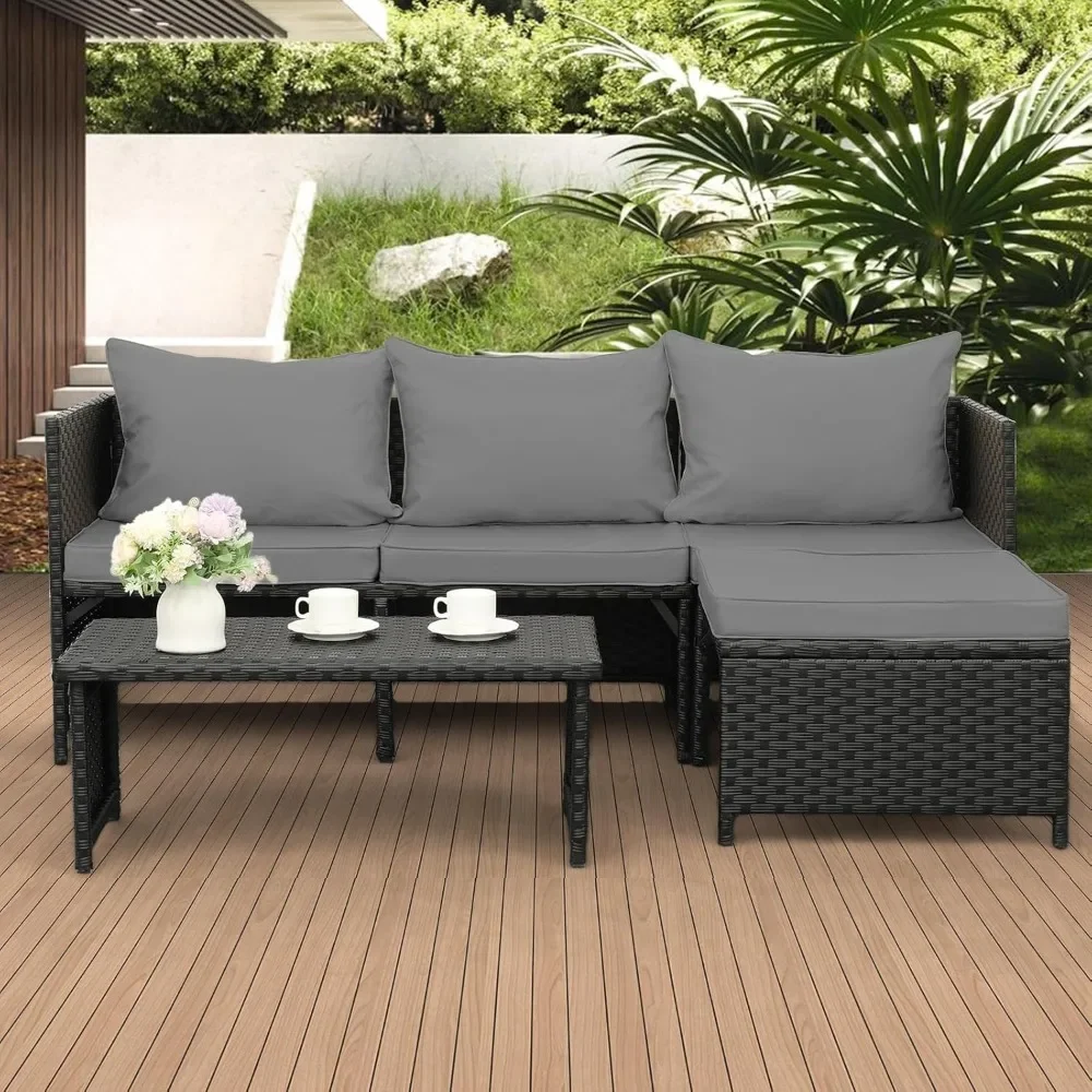 Set di mobili da esterno in rattan PE da 3 pezzi, patio, divanetto da conversazione in vimini nero, divano componibile, cuscino grigio