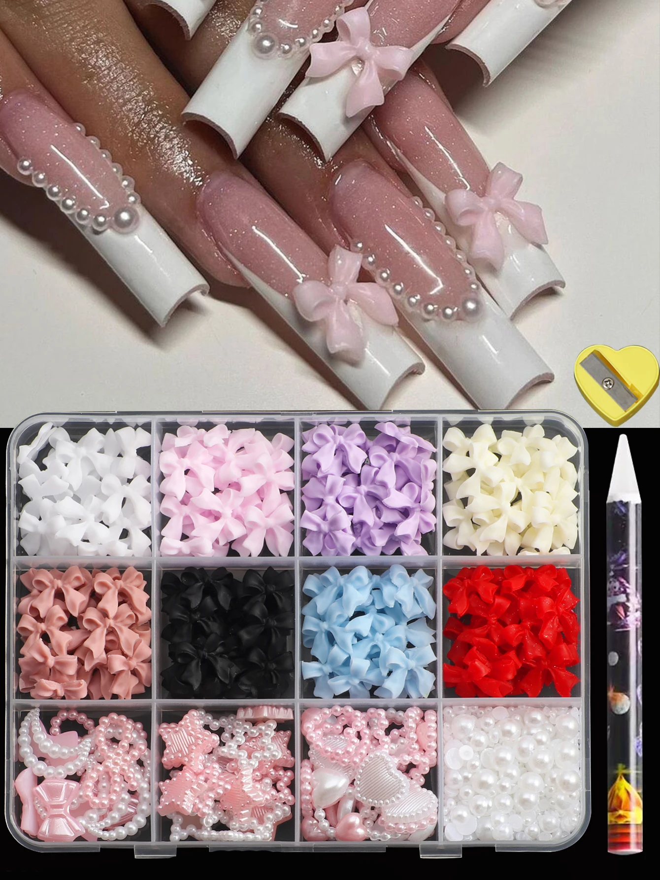 12 Grids of 3D Nail Art Decoration and Flat-Backed Pearls, Various Styles of Resin Bow Accessories, Pink and White Star Heart-Shaped Flat-Backed Pearl Styles Mixed Pack, for Handmade DIY Art Decoration