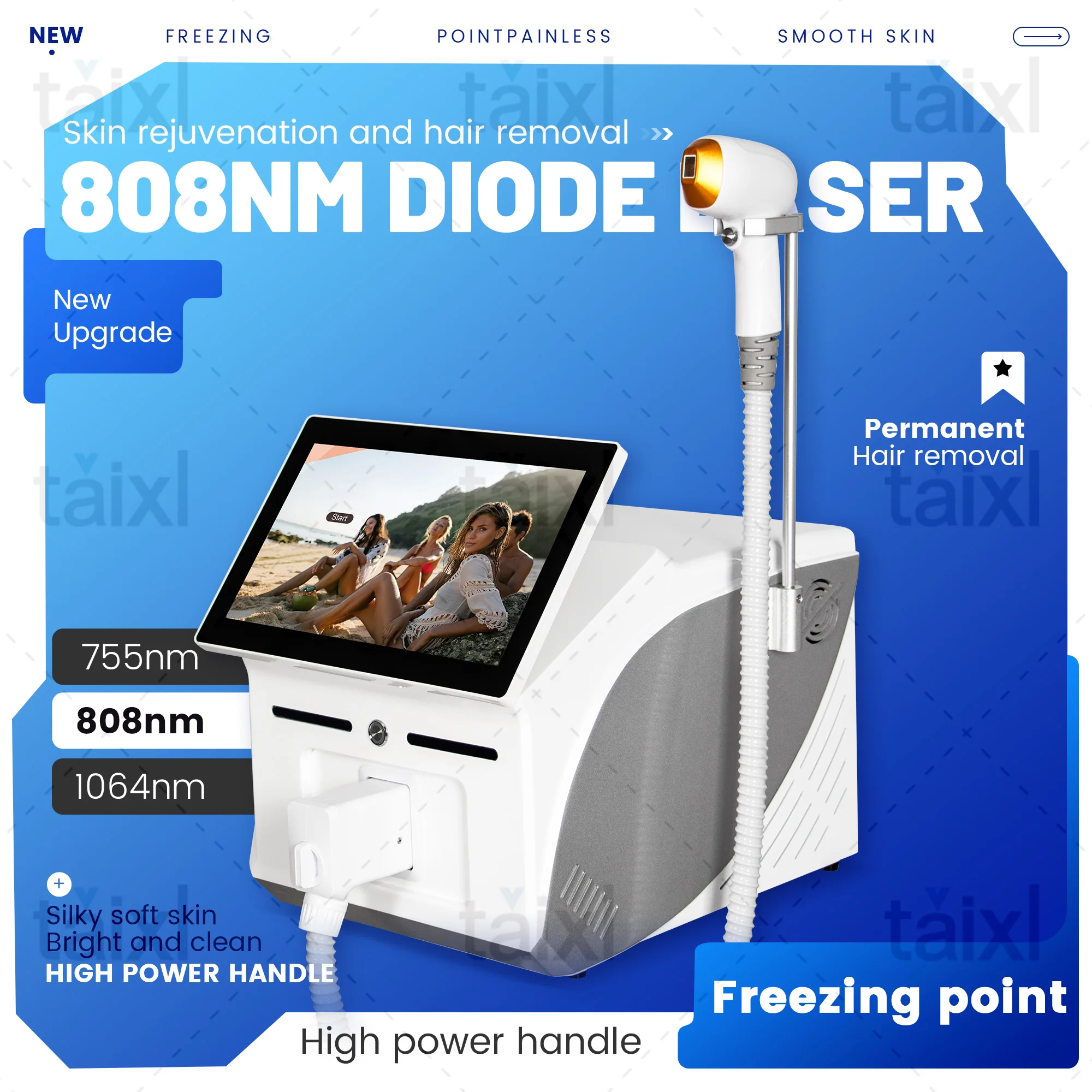 

Интеллектуальное безболезненное ледяное титановое обновление лазерного удаления волос 755/808/1064 нм диодный лазер для удаления волос машина для эпиляции