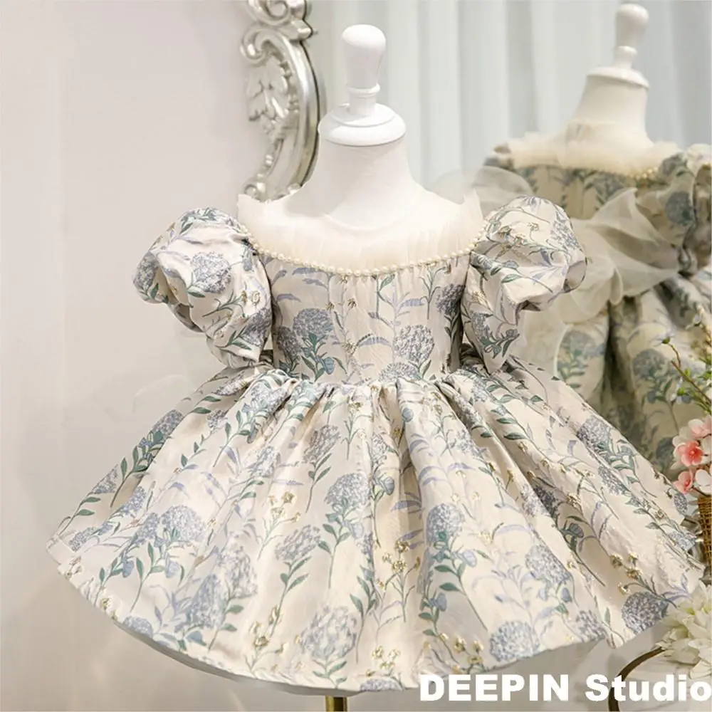 2023 New Spanish Retro Court Girls Dress Baby Bubble Sleeve Jacquard Princess Dress Baby  1st Birthday Party Baby Bow Tutu Dress