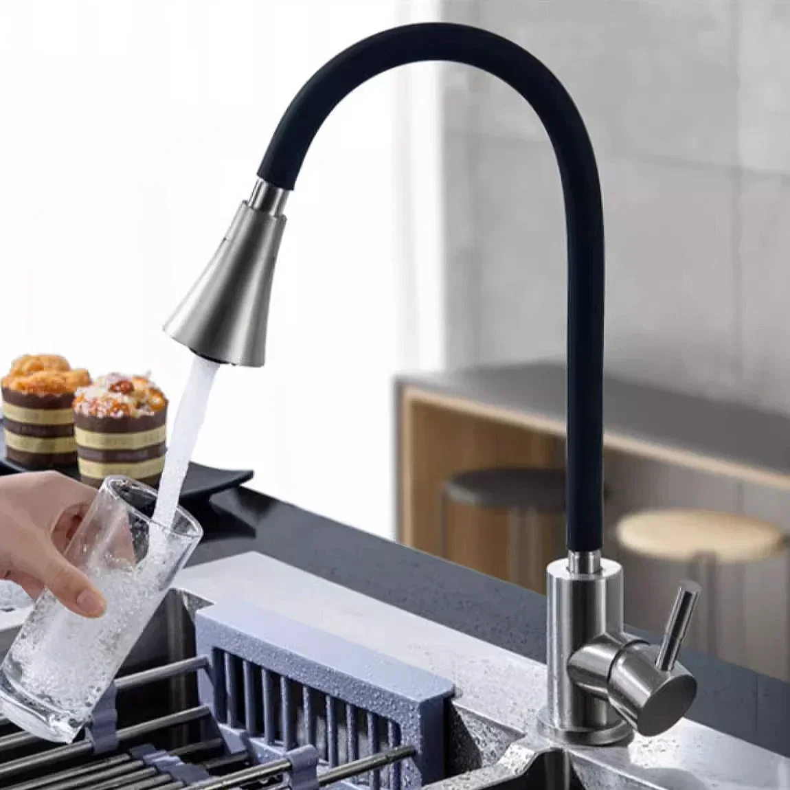 Durable Stainless Steel Kitchen Sink Faucet Single Cold Tap Household Washbasin Mixer 2 Mode Spray Head Spillproof Design
