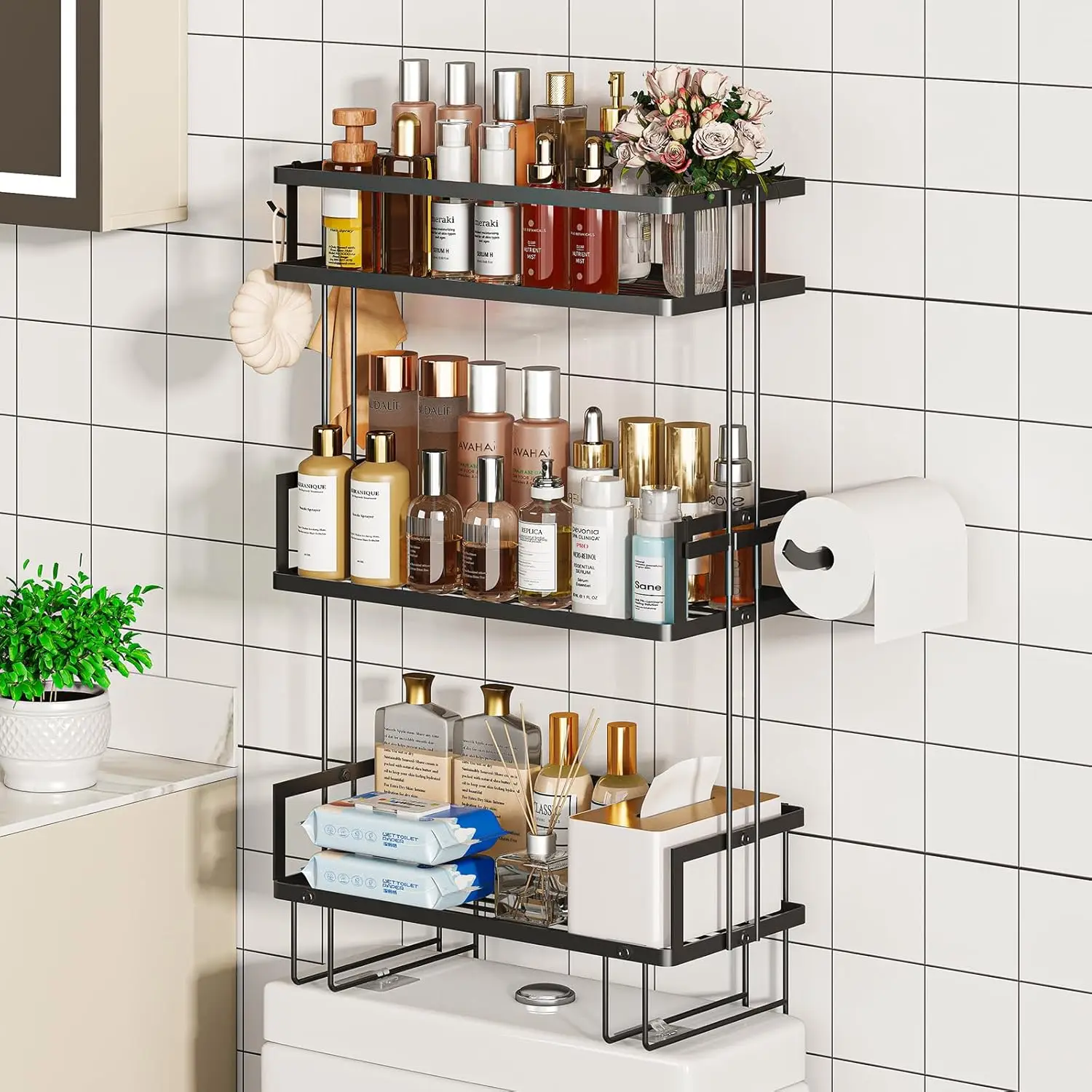 

Bathroom Organizers and Storage, 3-Tier Wall Shelves, Over Toilet Rack with Paper Holder and 2 Hooks