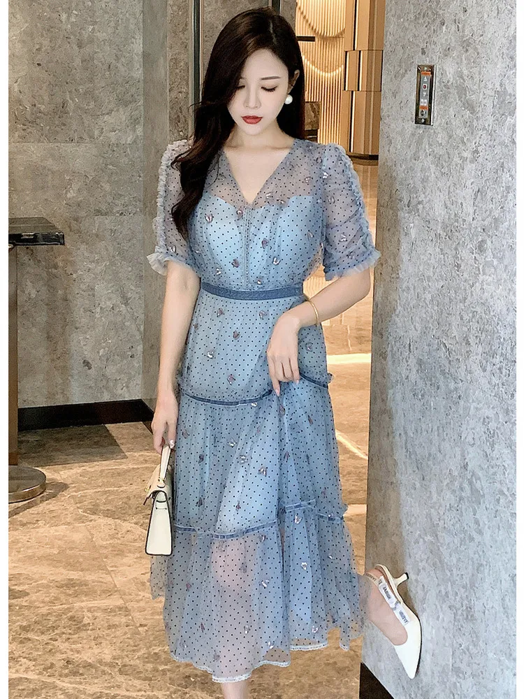 New Fashion Dot Flocking Mesh Fluffy Birthday Party Dress Women Double V-neck Butterfly Embroidery Summer Dress 2024