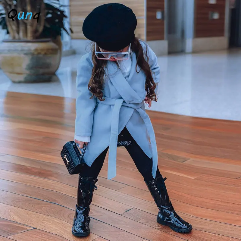 

Qunq Girls 2022 Autumn And Winter Solid Turn Down Collar Lace Up Heavyweight Outerwear Fashion Casual Kids Clothes Age 3T-8T