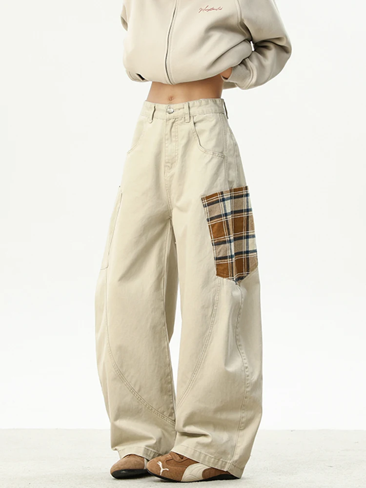 

American Retro Plaid Pocket Splicing Knife Workwear Pants Men's Trendy High Street Baggy Loose Casual Wide Leg Pants