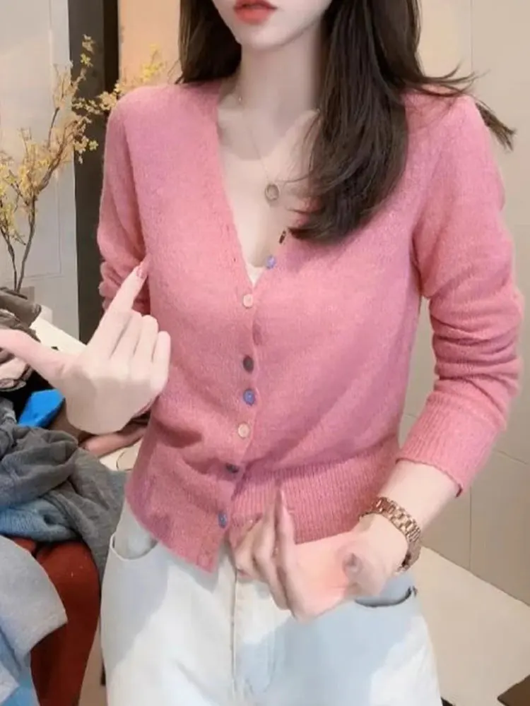 

Уникальный корейский вязаный кардиган Sle Long Sve, женская модная осенняя одежда, цветные пуговицы, свободный крой, удобный мягкий материал