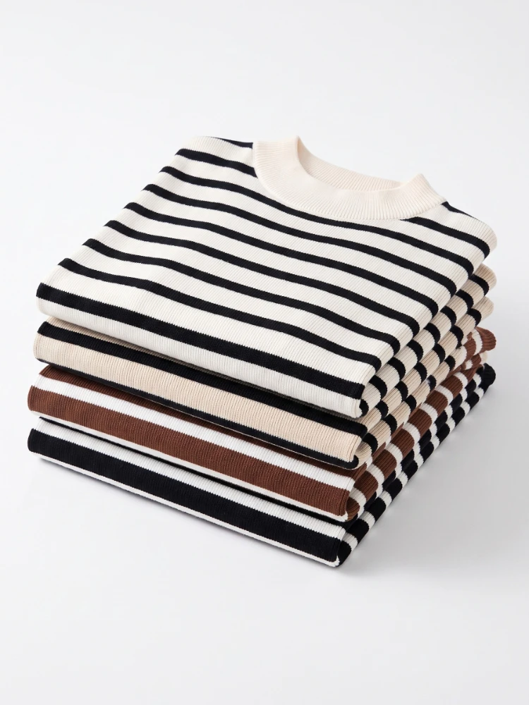 2026 Turtleneck Women's Pullover Striped Sweater Slim Fit Versatile Top Early Spring and Autumn Short Sleeve Bottoming Jumper