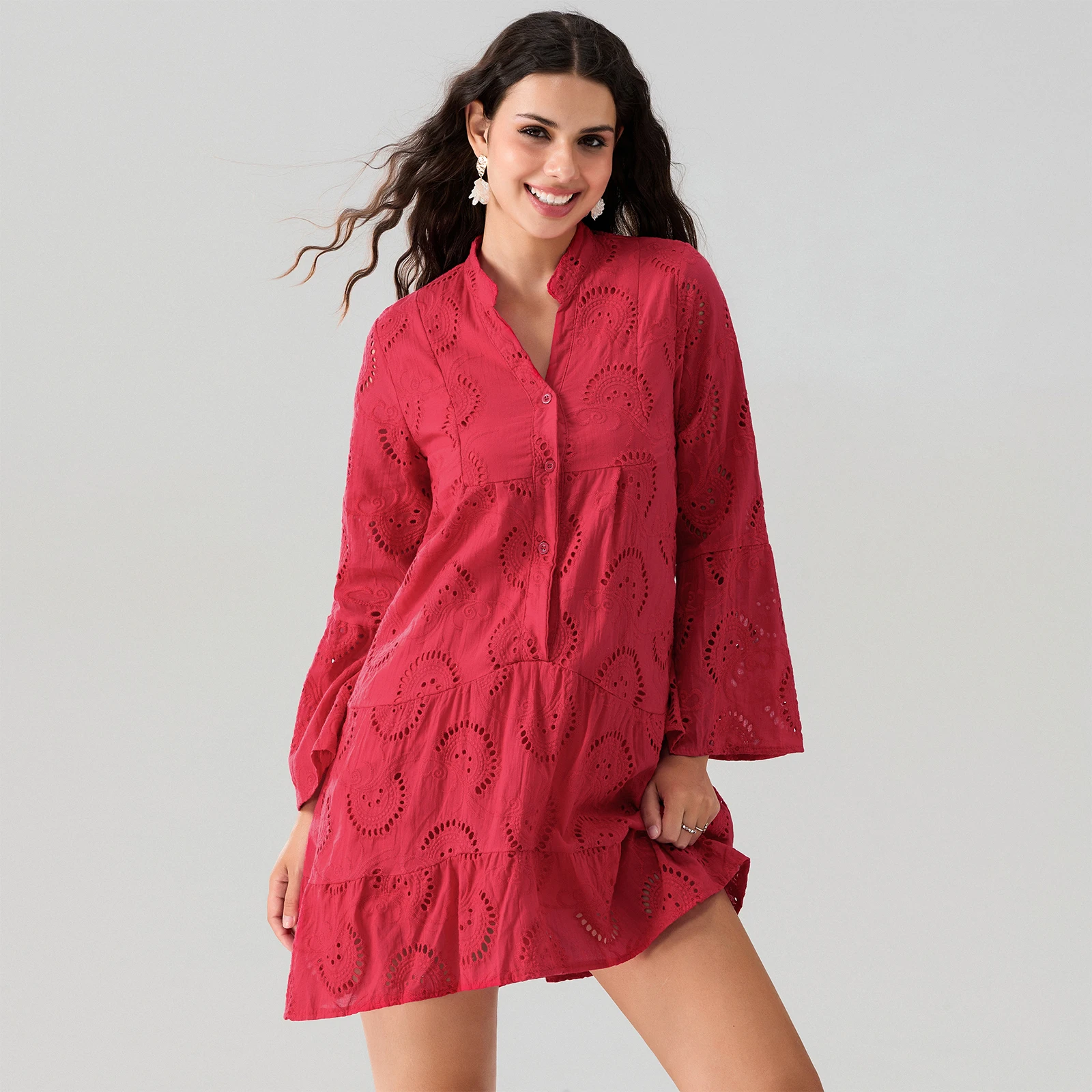 Robe Chemise en Dentelle Brodée pour Femme, Couleur Unie, Manches sulf, lèvent sur le Devant, Col en V, Ligne A, Automne