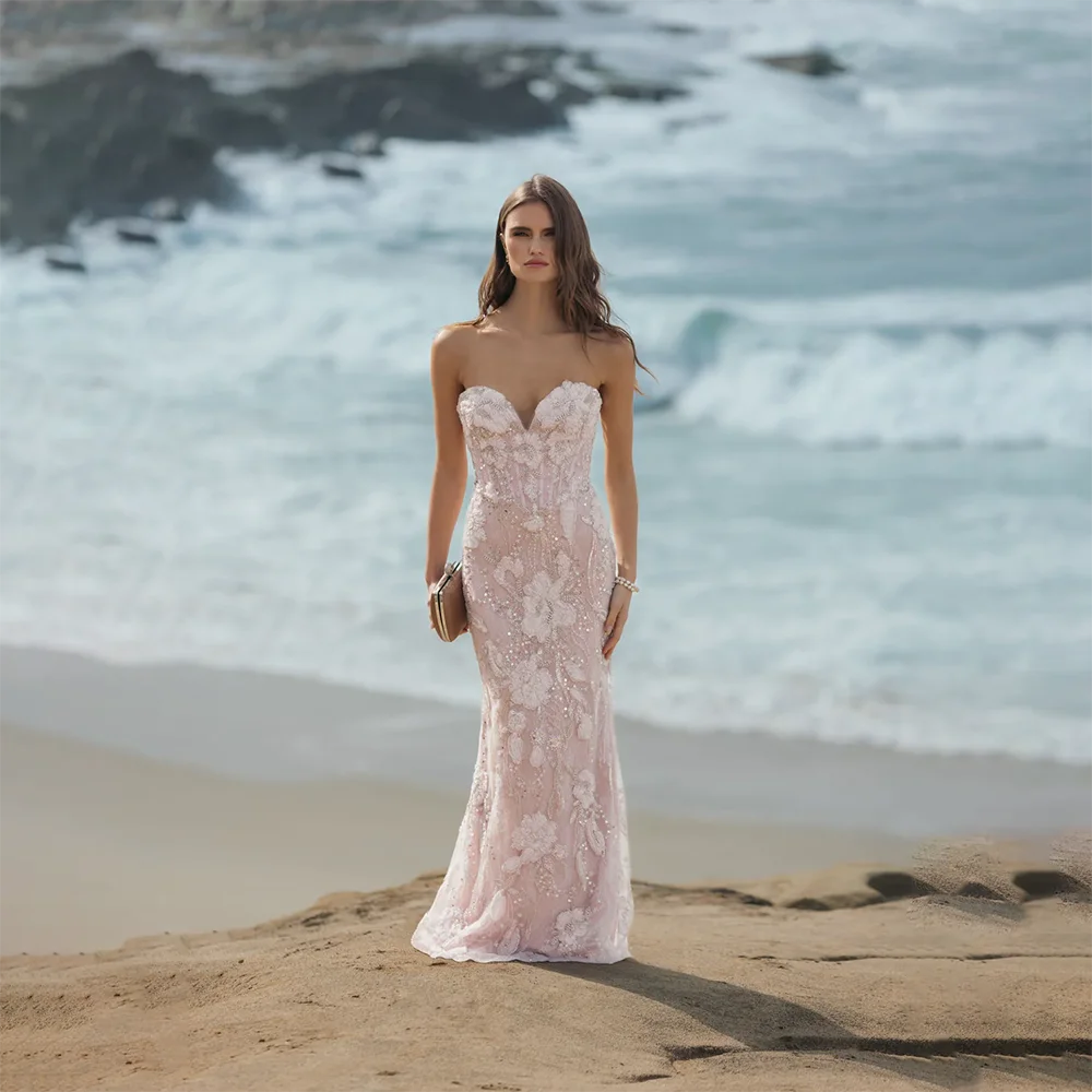 Customized Sexy Backless Tulle A-line Floor Length Party Dress with Fashion Pearls Strapless Sleeveless Prom Gowns Evening Dress