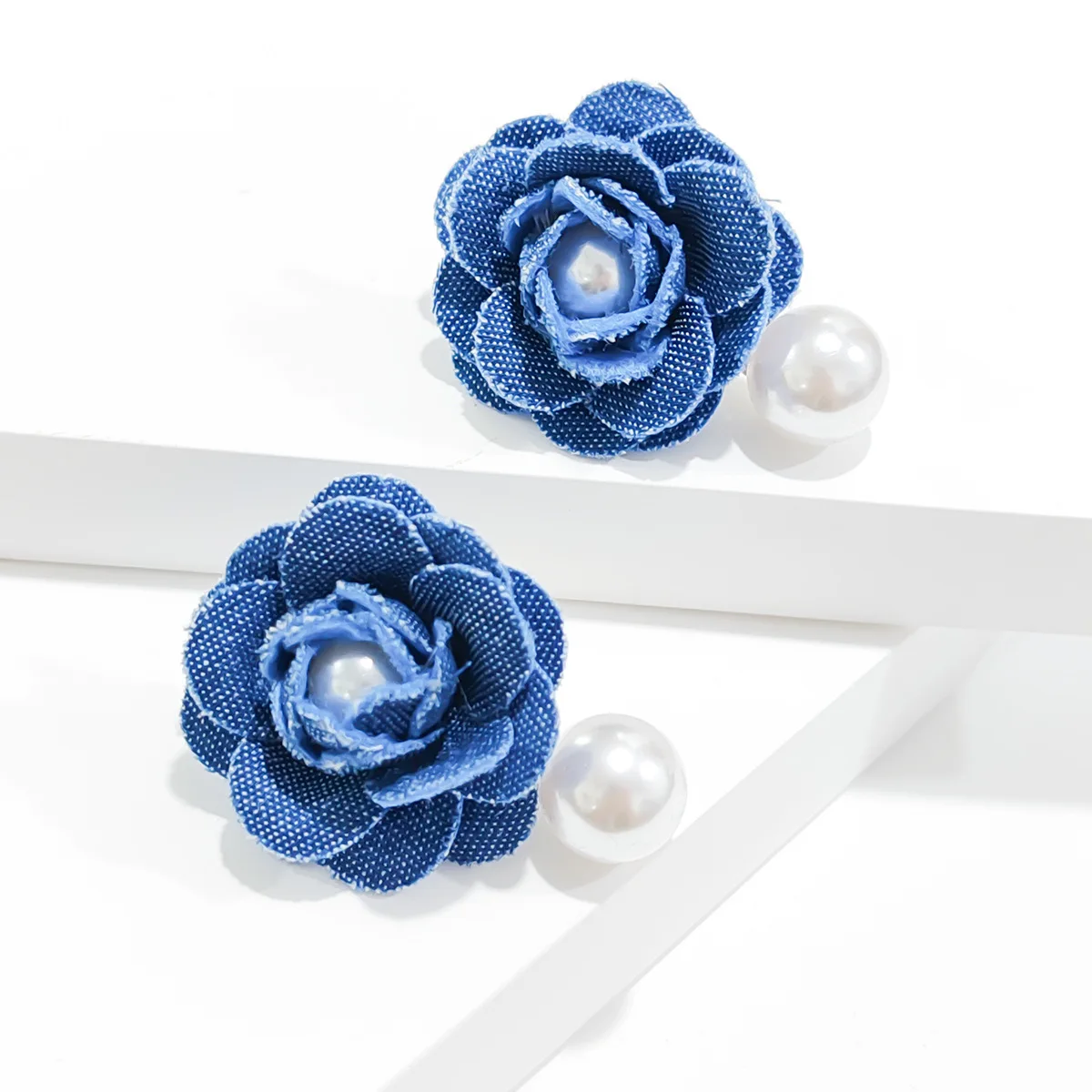 Trendy Denim Blue Fabric Pearl Flower Stud Earrings for Women Sweet Rose Earrings Versatile Wedding Party Jewelry Gifts - Image 5