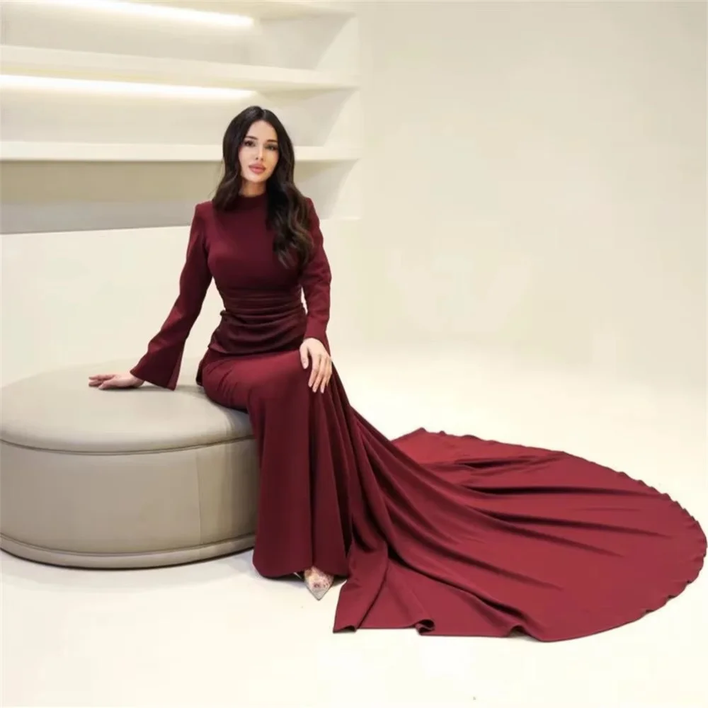 Women Dresses Elegant High Neck Mermaid Formal Dresses Long Sleeve Ruched Sash Floor Length Train Evening Wedding Guest Gowns