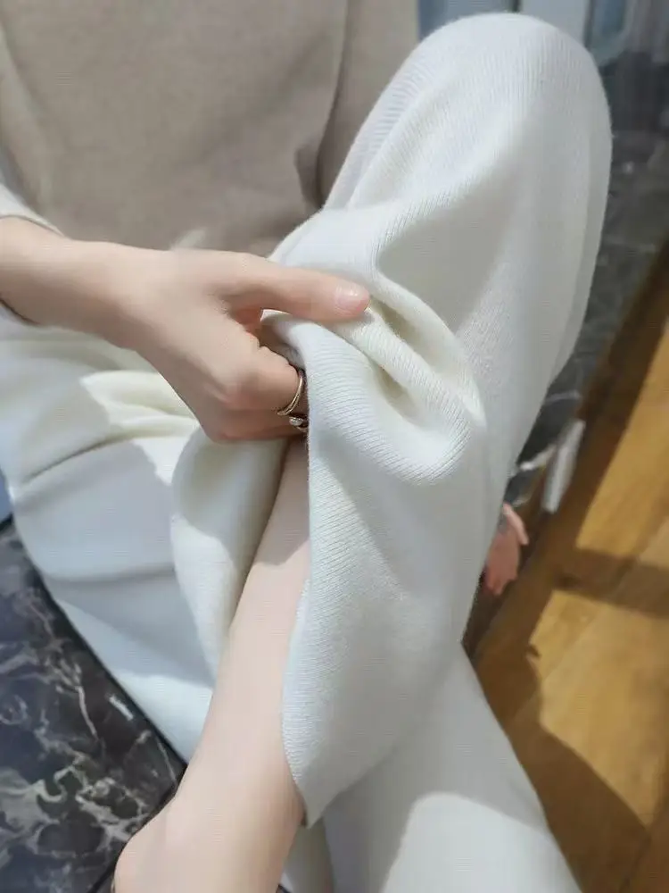 

Элегантные утепленные шерстяные вязаные брюки-палаццо женские с высокой талией, прямого кроя, струящиеся, длинные, повседневные, однотонные, с карманами