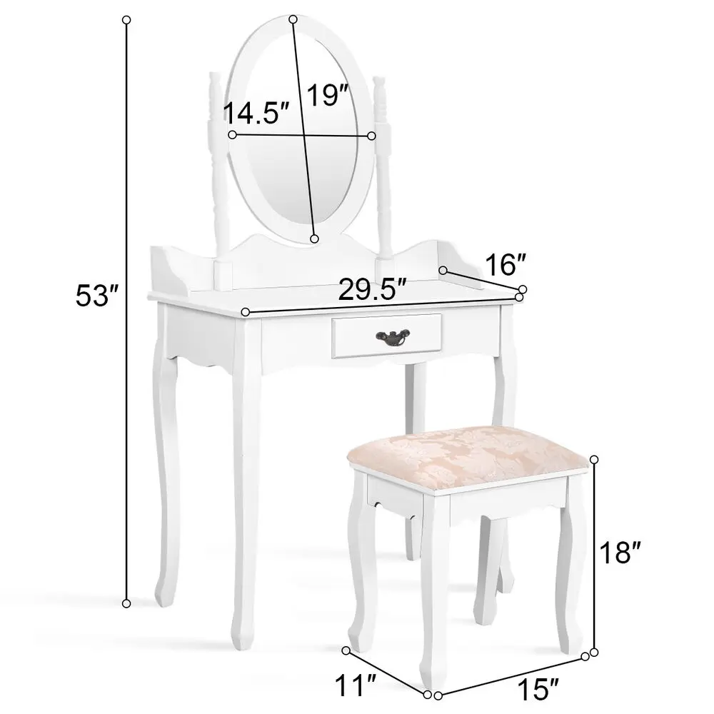 Babyjoy Vanity Wood Makeup Dressing Table Stool Set w/ Drawer &Mirror Jewelry Desk White