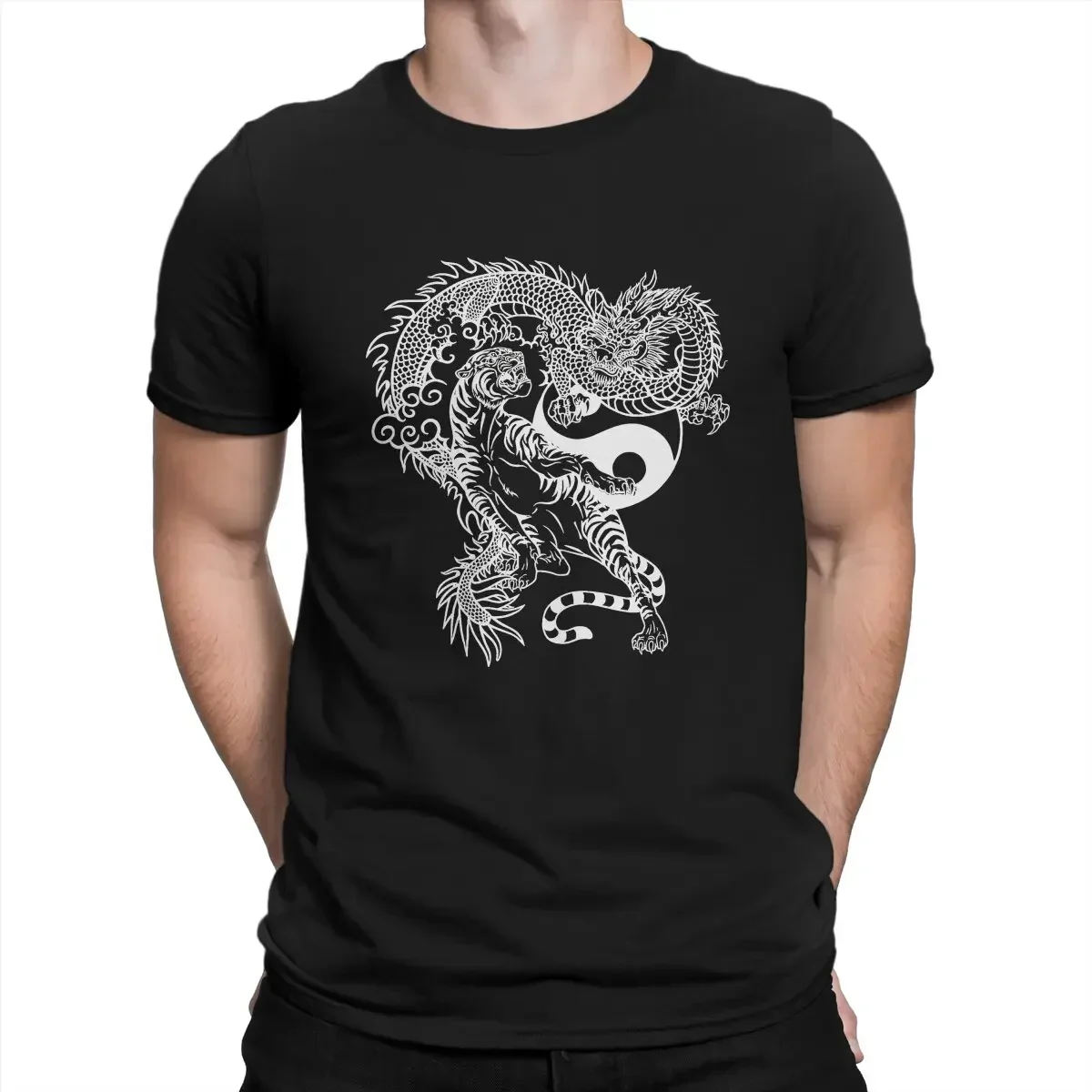 T-Shirts for Men Crewneck T Shirt Dragon Design Tee Shirt Casual Chines Dragon and Tiger Tattoo Graphic Yin and Yang Symbol tops