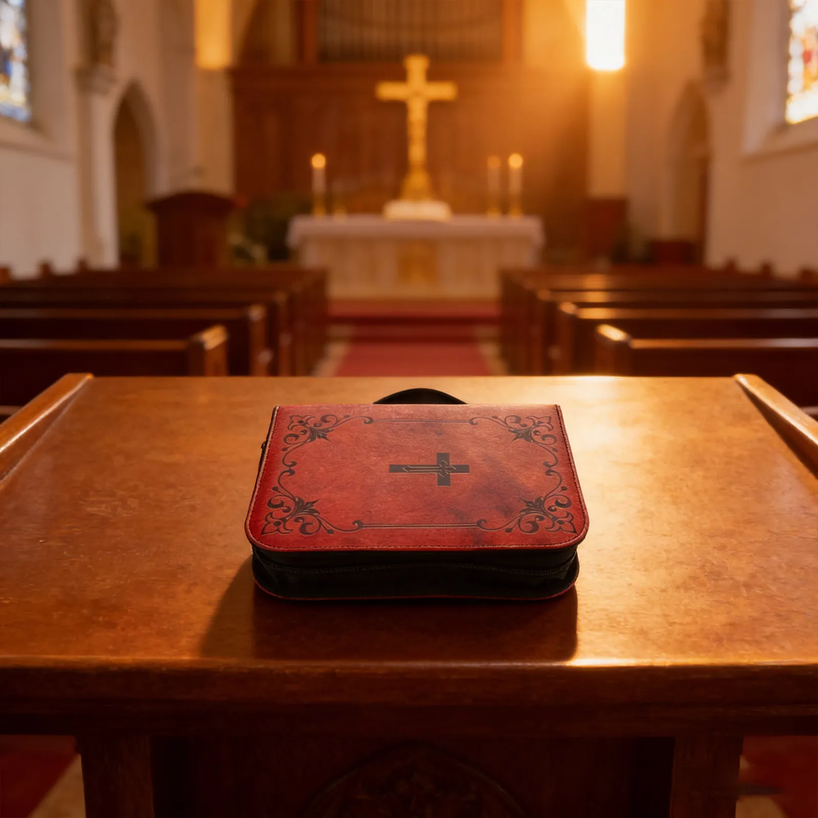 Vintage Aesthetic Bible Cover Case PU Retro Cross Print Scripture Book Protector with Handles for Church Study Travel view 4