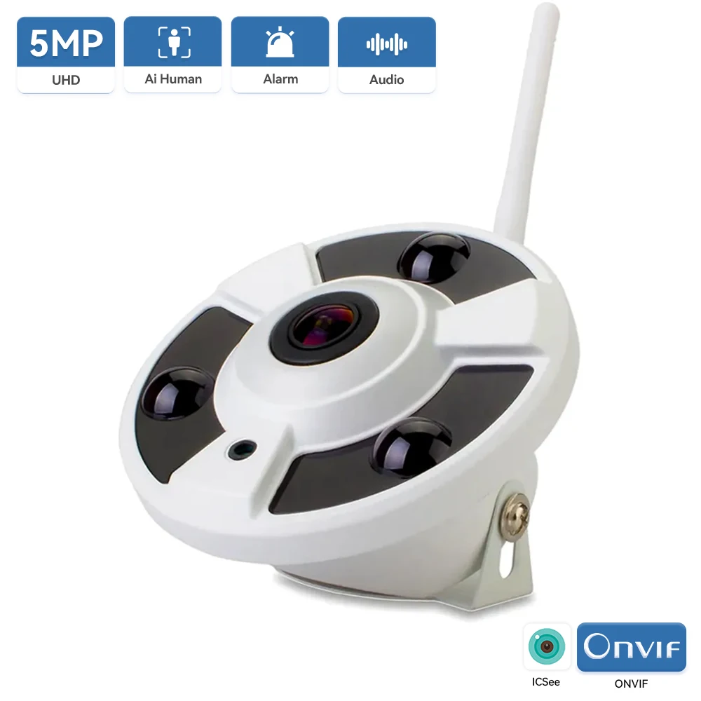 5MP Wifi Camera 1.7MM Fisheye Lens Panoramic iCsee ONVIF Wireless/Wired Camera Audio Record Motion Detection XMeye Cloud H.265X