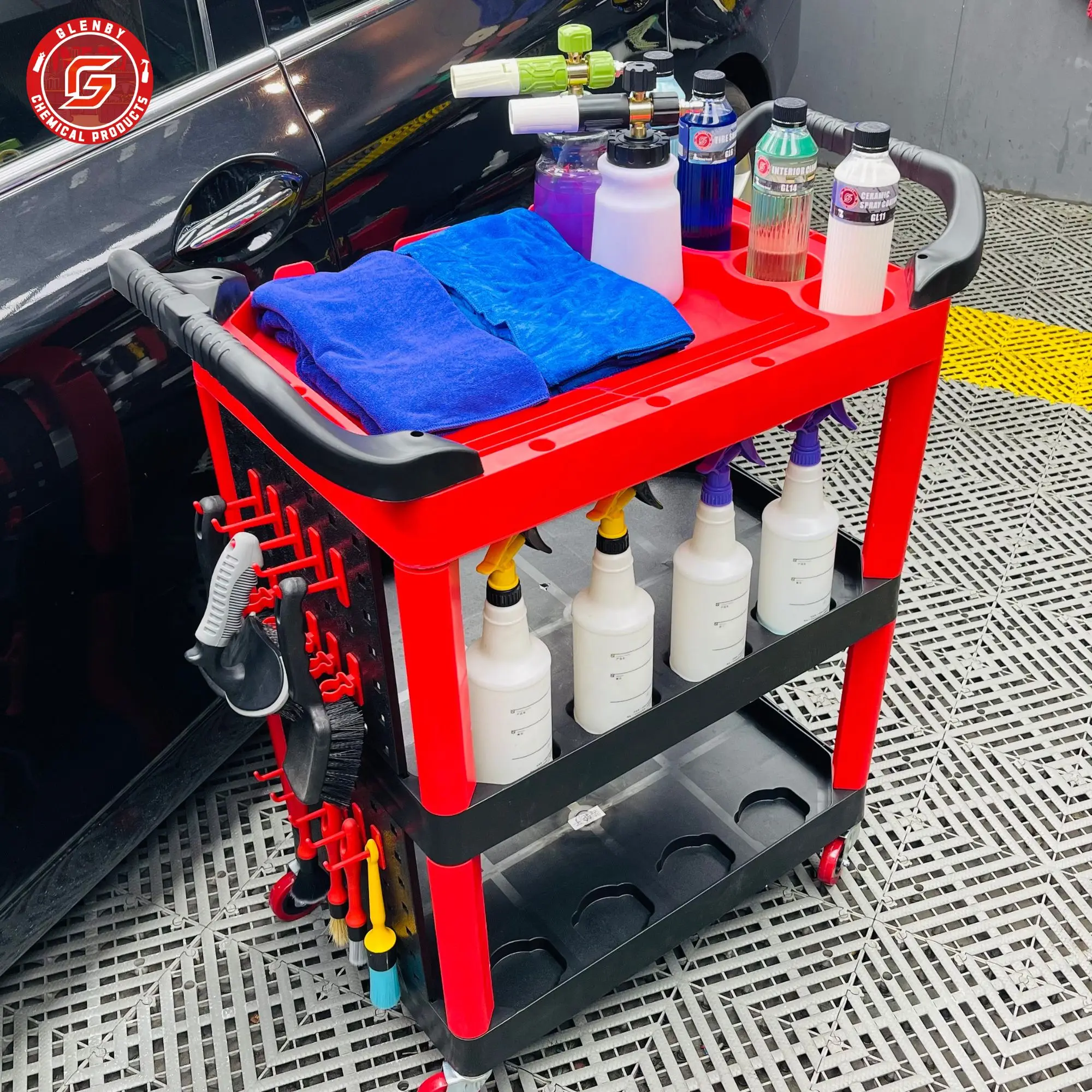 

Магазин автомойки, инструмент для красоты автомобиля, специальный многофункциональный пластиковый трехслойный мобильный тележка для хранения, полка для инструментов