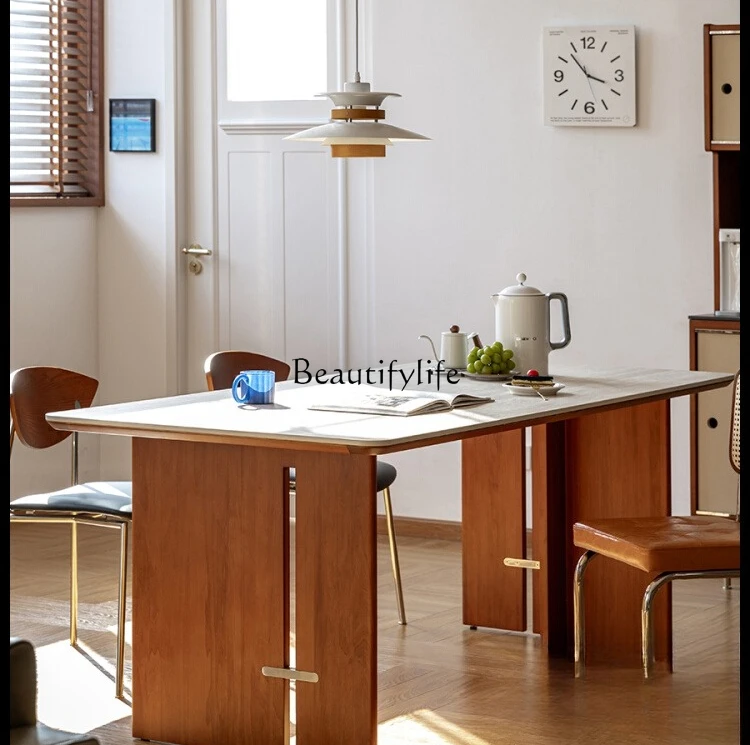 

Nordic Style Thickened Travertine Stone Dining Table with Antique Style Solid Wood Large Long Desk