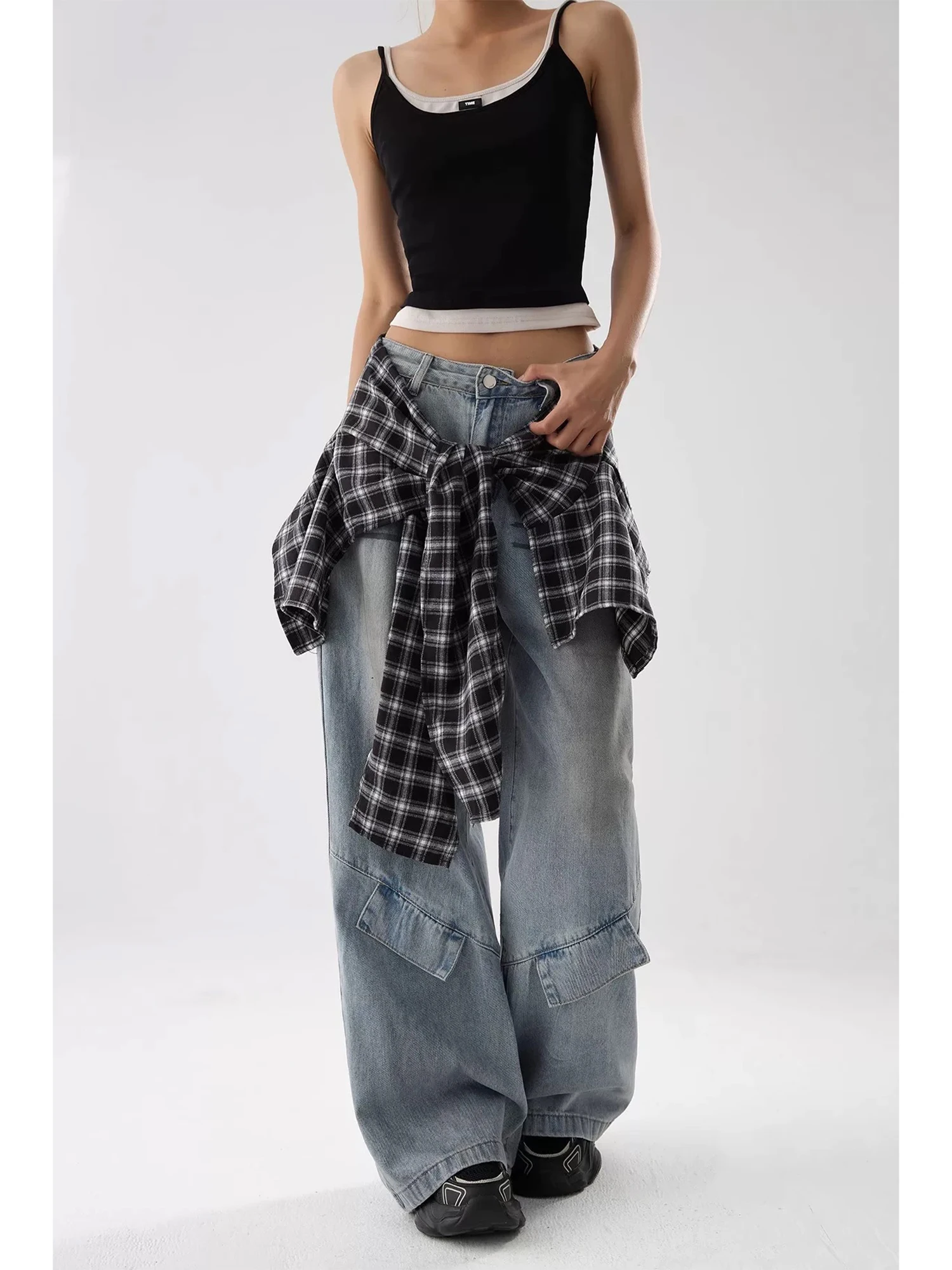 

Women's Blue Y2k Cargo Jeans Harajuku Baggy Denim Trousers with Wrap Skirt Vintage Jean Long Pants Japanese 2000s Style Clothes