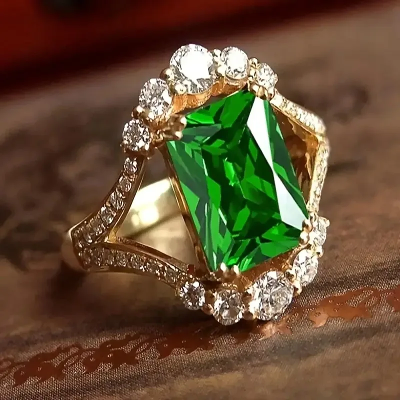 Wunderschöner, eleganter ewiger Ring für Damen mit rechteckigem grünem Zirkonia, Hochzeitstag-Ring, Schmuckzubehör