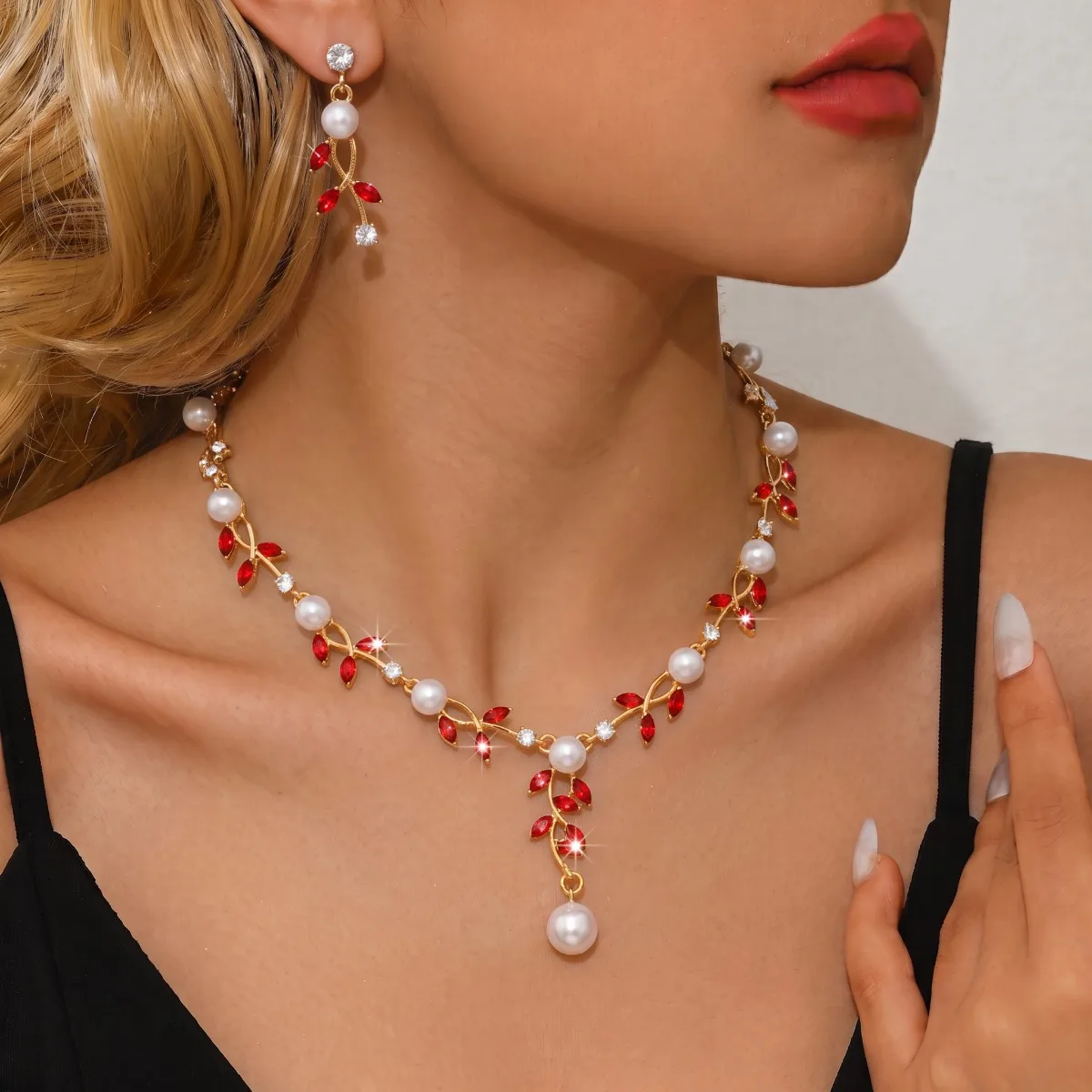 Vine Branches, Leaves, Necklace, Earrings, 2-Piece Set, Chinese Style Toast, Bride's Banquet, Red Carpet, Valentine's Day Banque